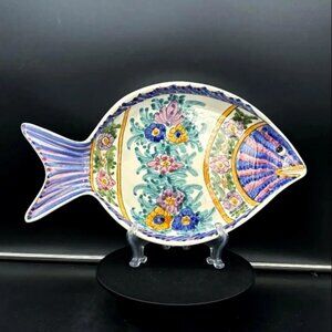 Vintage Hand Made Skyros Greece Colorful Floral Ceramic Fish Platter Signed